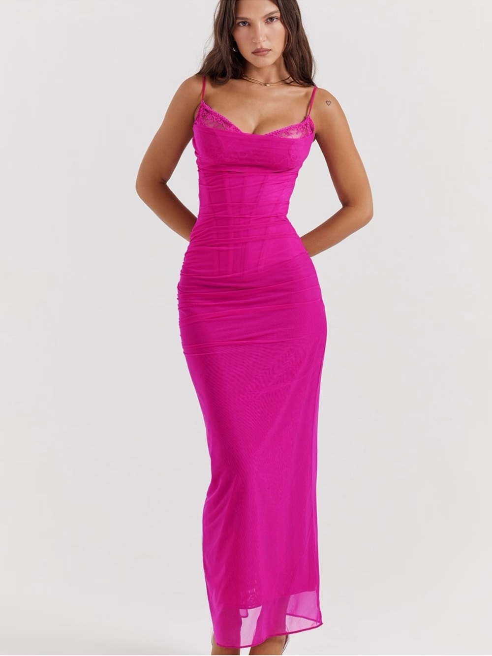 House of CB Nalini Fuchsia Mesh
Maxi Dress Ruched Corset Size M